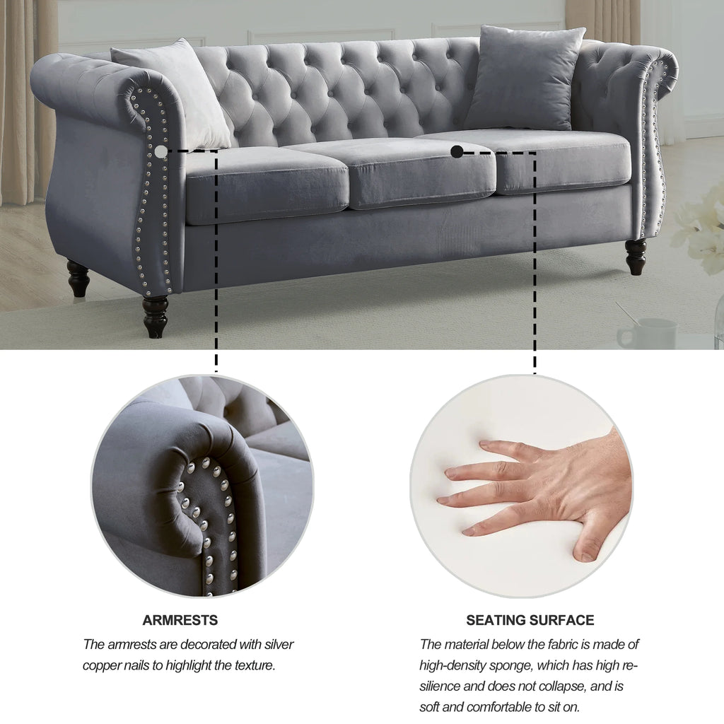 80" Chesterfield Sofa Grey Velvet 3 Seater Tufted Couch with Rolled Arms and Nailhead J15830