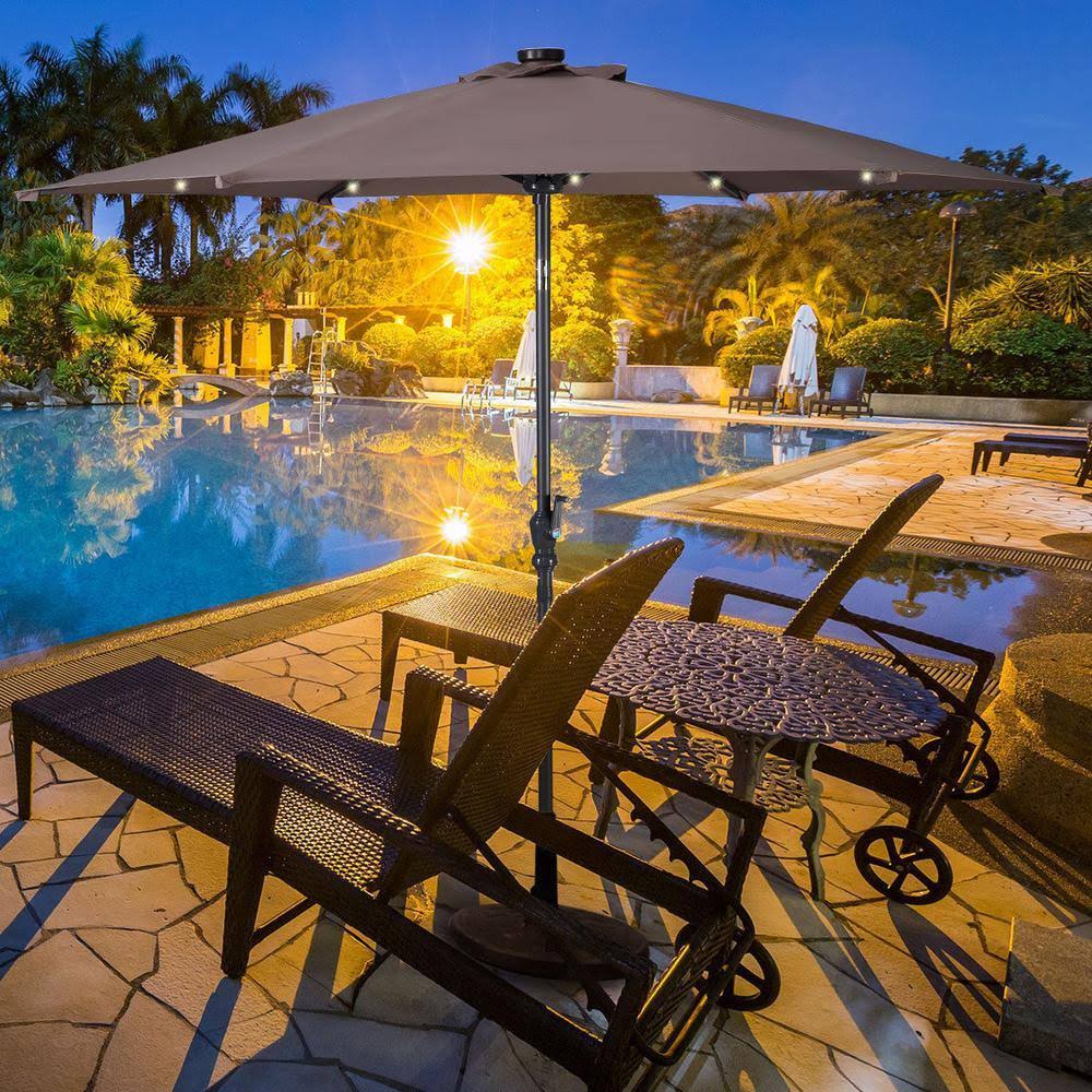 Tan Metal Patio Umbrella with Crank and LED Lights Y393215