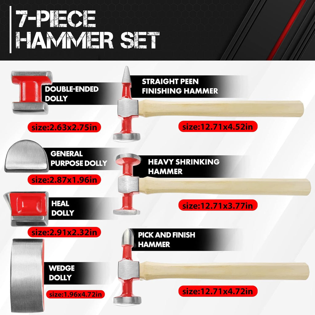 7-Piece Auto Body Repair Kit with Carbon Steel Hammer Heads and Dollies A86478