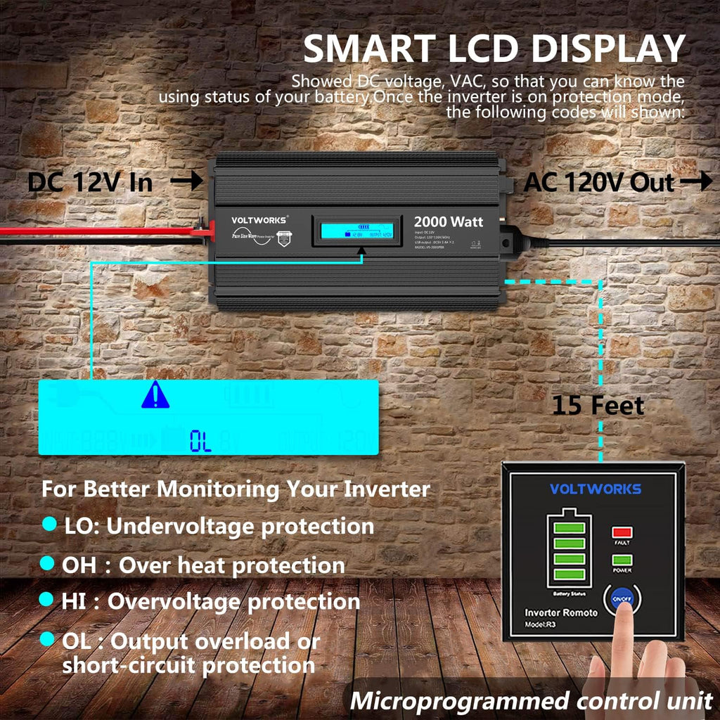 2000Watt DC 12V to 120V AC Car Power Inverter with 2 AC Outlets and LCD Display B261