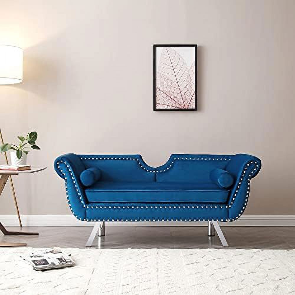 Velvet Loveseat with 2 Pillows, Nailhead Trim, Metal Legs, Removable Cushions U23616