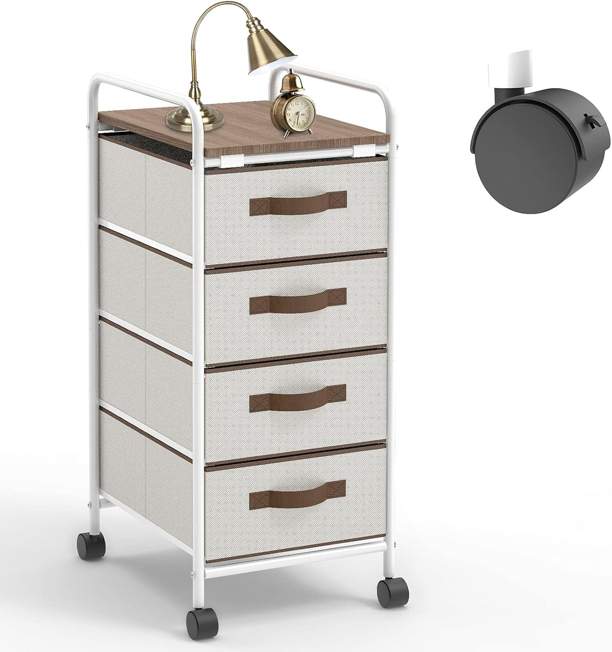 4 Drawer White Fabric Dresser with Wheels and Wood Top C950