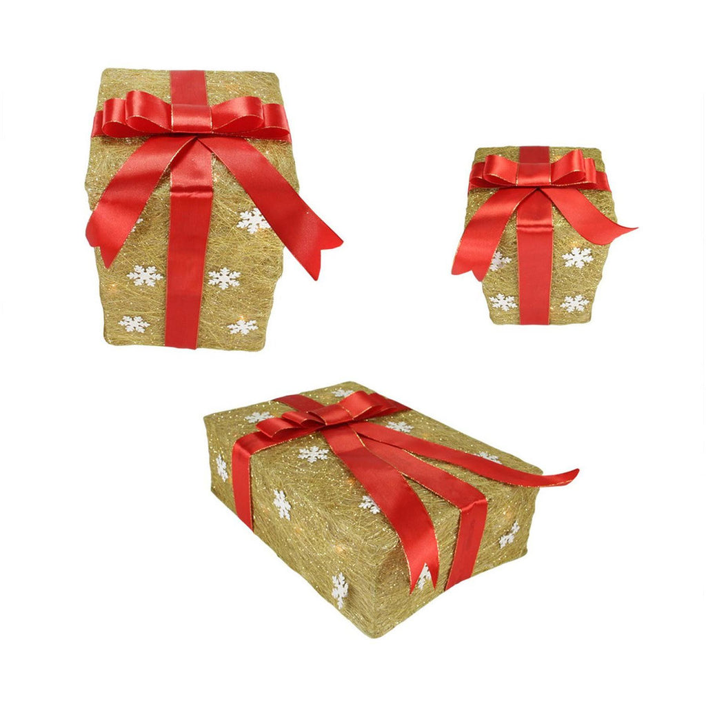 Set of 3 Gold Sisal Gift Boxes Lighted Christmas Decorations P81385
