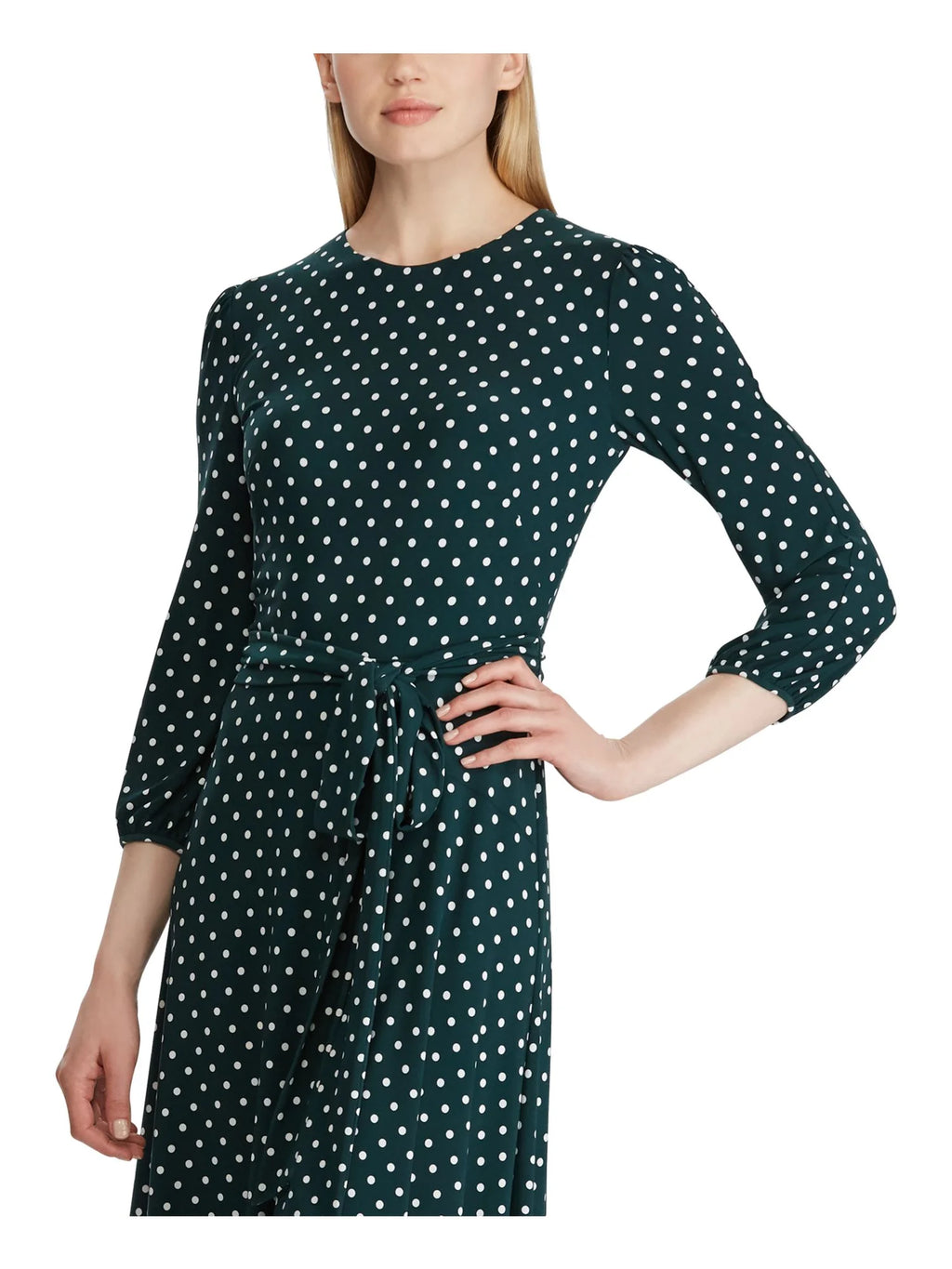 Green Long Sleeve Knee Length Faux Wrap Dress X265
