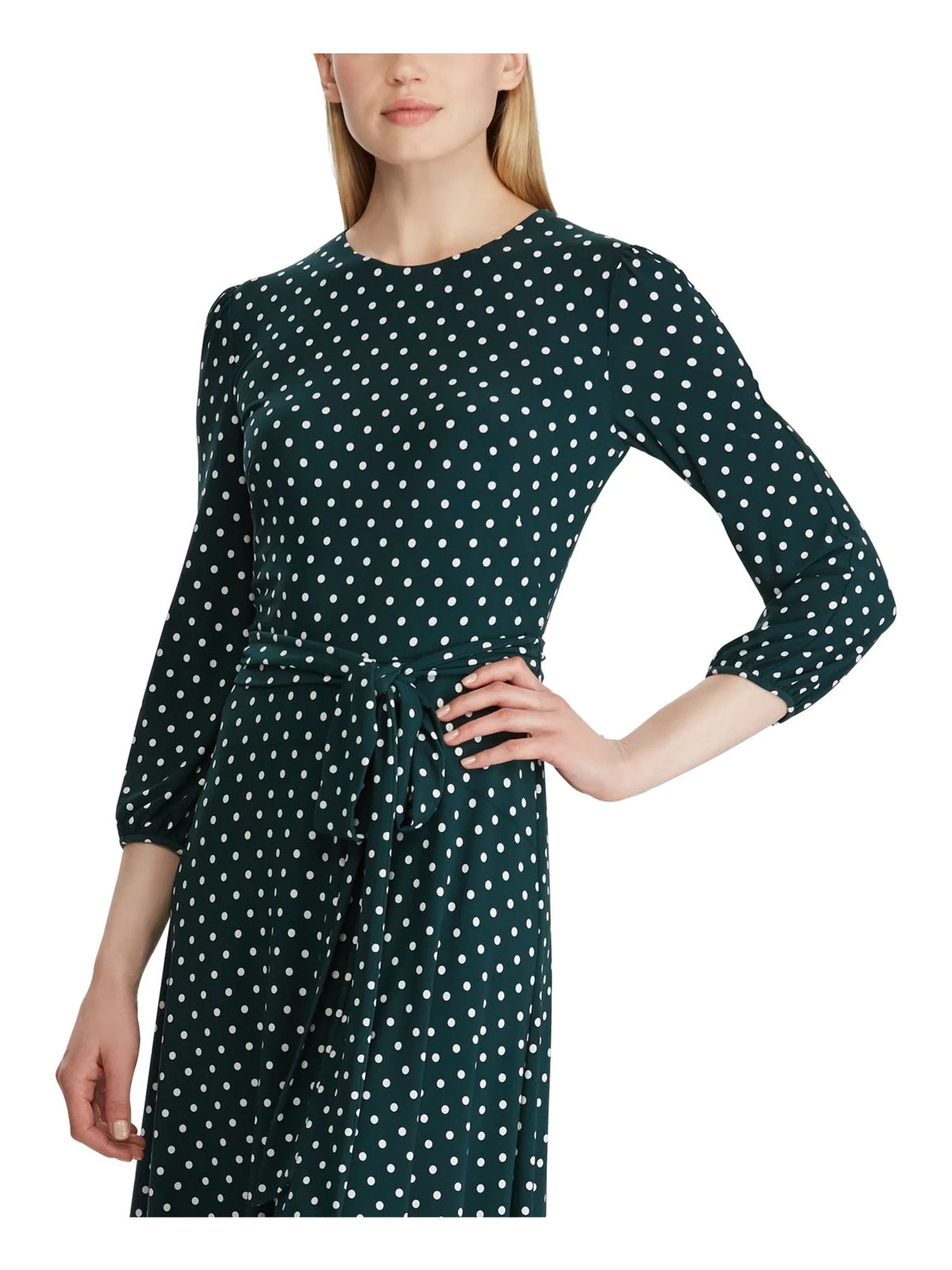 Green Long Sleeve Knee Length Faux Wrap Dress X265