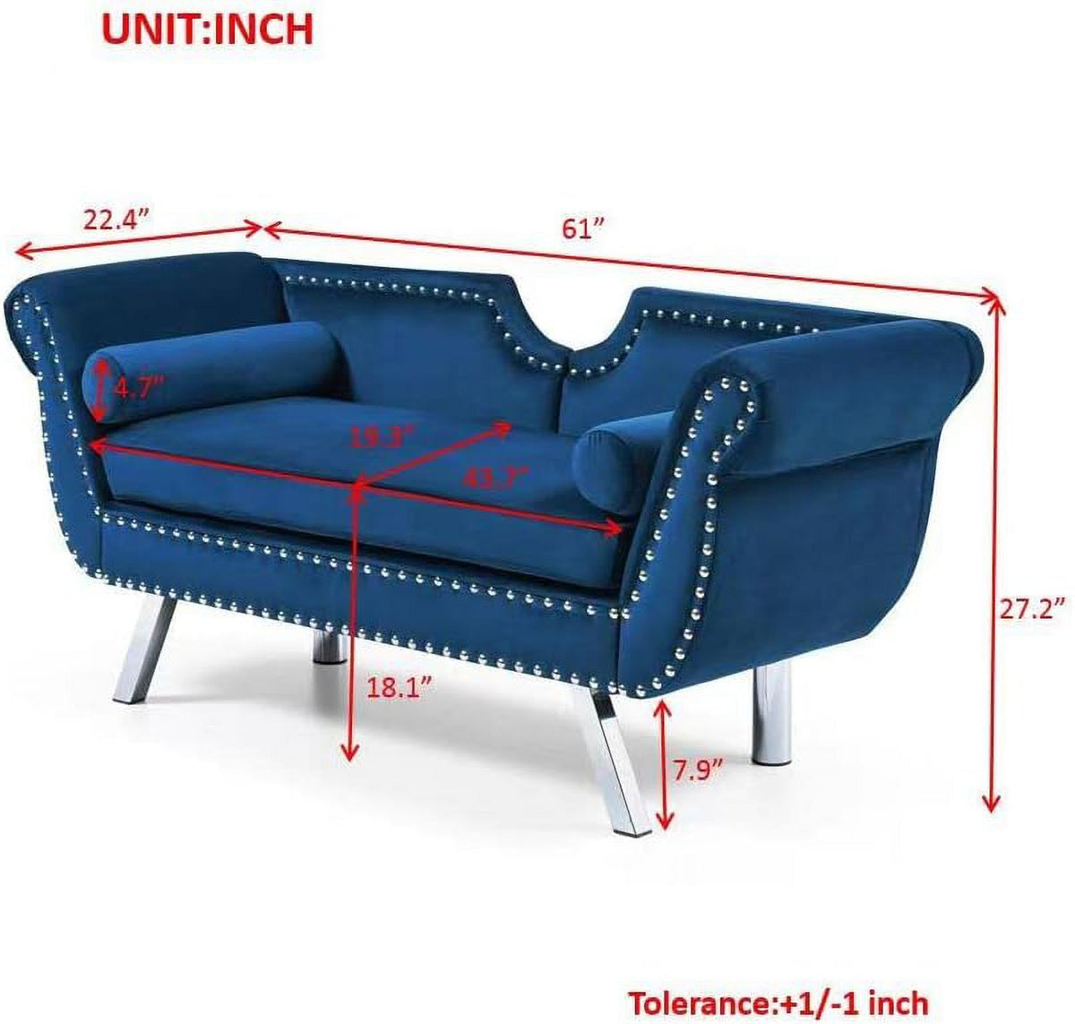 Velvet Loveseat with 2 Pillows, Nailhead Trim, Metal Legs, Removable Cushions U23616