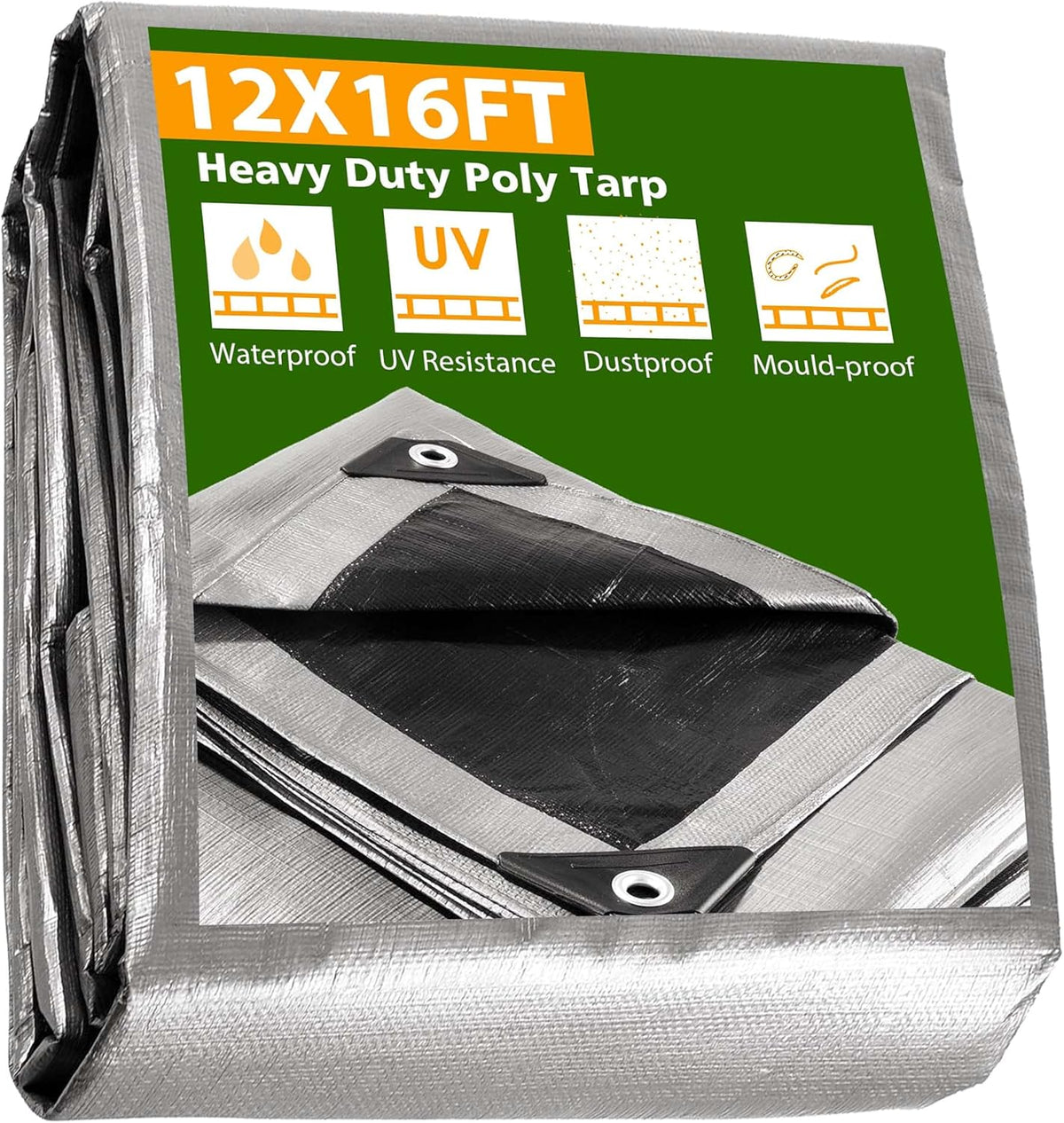 12x16ft Heavy Duty Reinforced Poly Tarp Waterproof Tarpaulin S845356