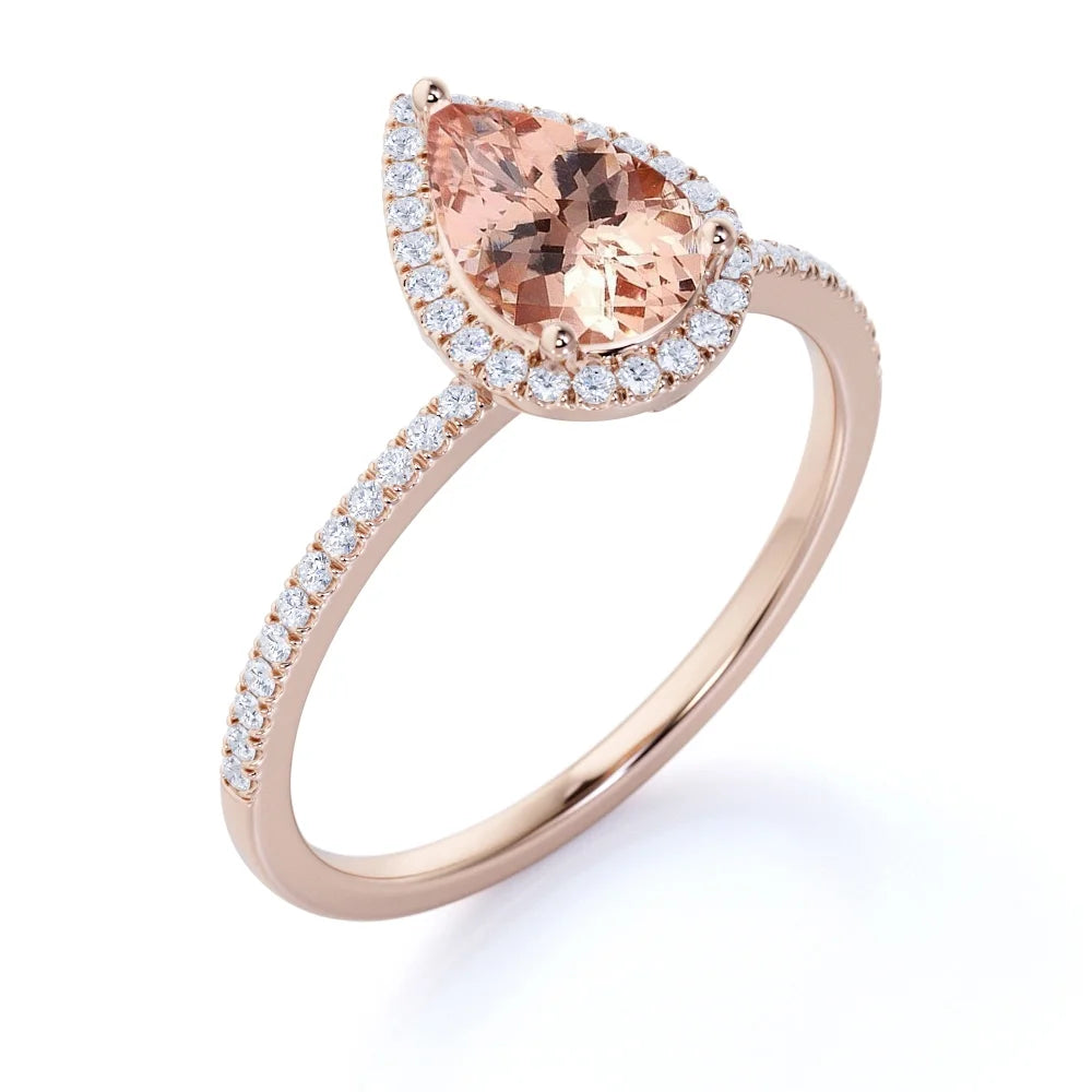 1 Carat Pear Cut Morganite Moissanite Halo Engagement Ring in Rose Gold Q26574