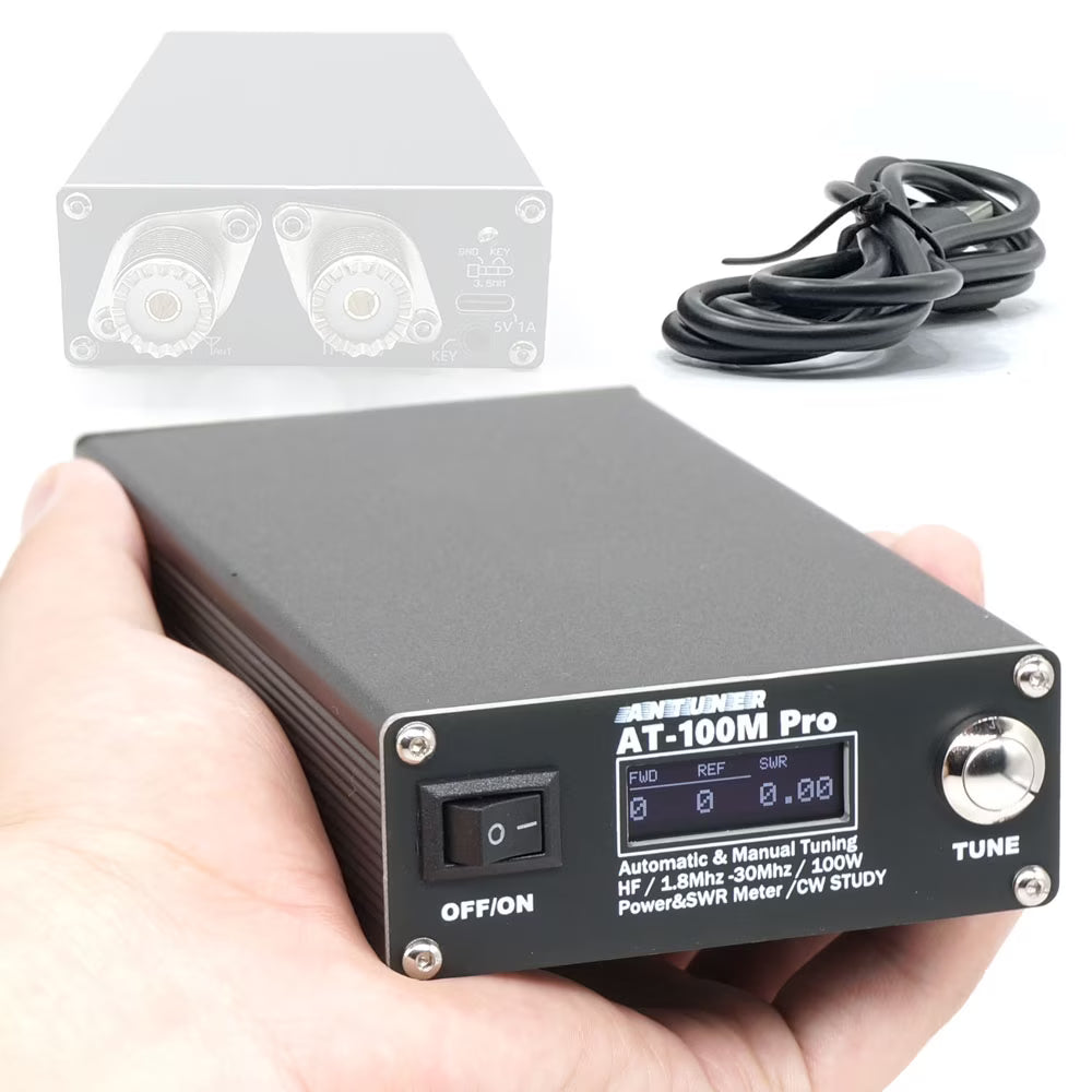 AT100M Antenna Tuner 1.8Mhz-30Mhz Automatic/Manual Tuning 100W Standing Waves Meter Multifunctional HF Radio Meter Morse Code Exerciser Supported M964