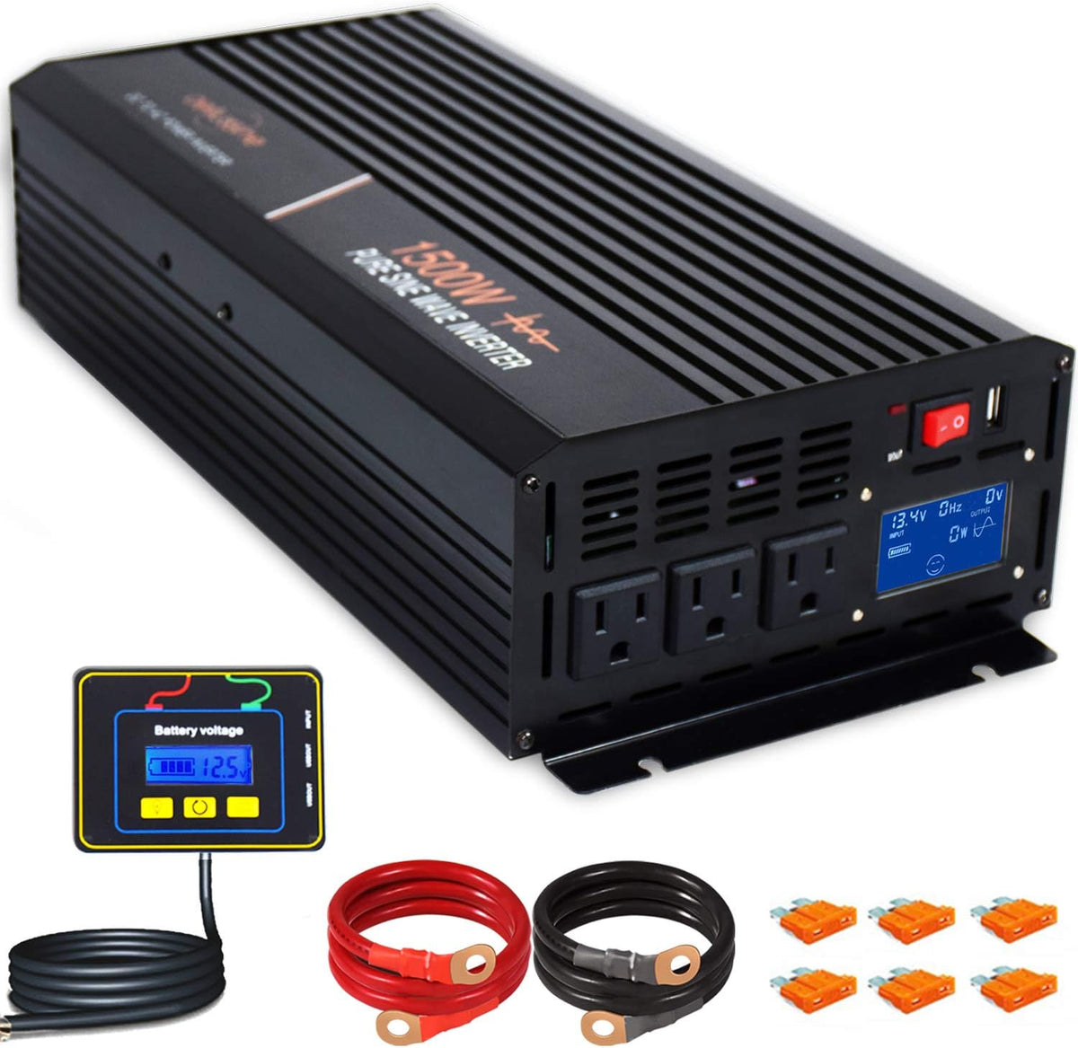 1500 Watt Pure Sine Wave Power Inverter 12V DC to AC 110V 120V with LCD Display Remote Switch F8975