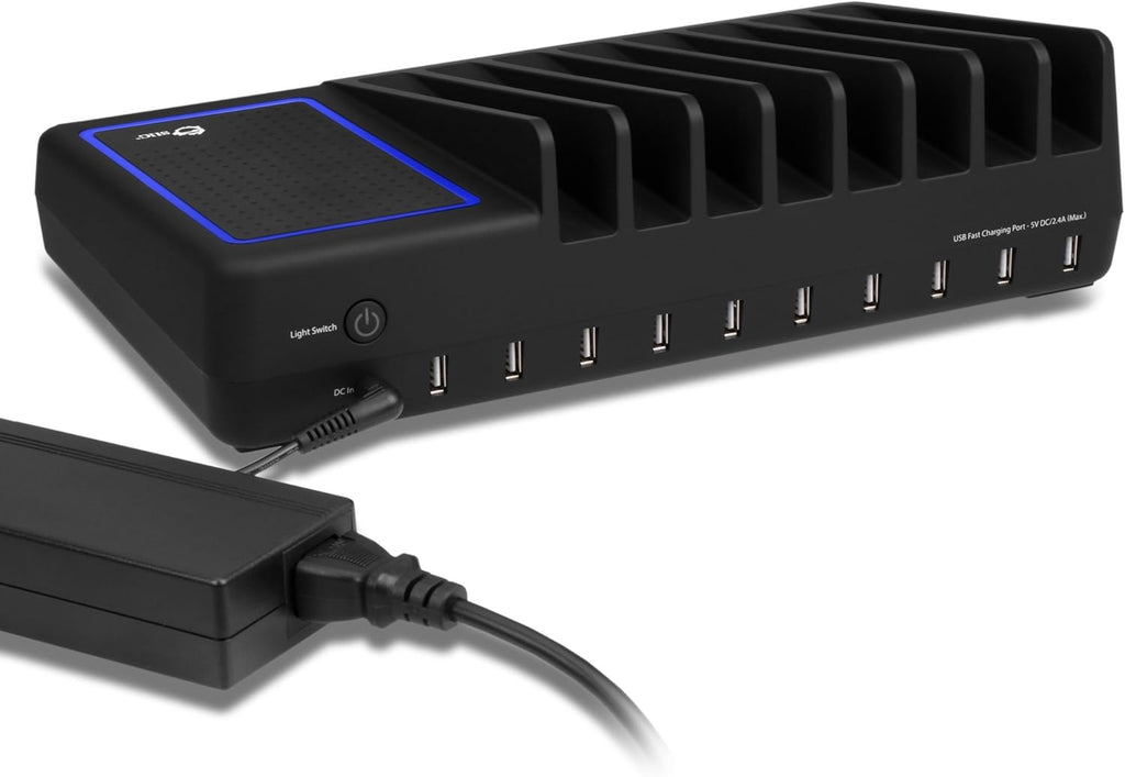 90W 10-Port USB Charging Station with Non-Slip Padded Deck and LED Ambient Light, Black, Pack of 2 L581