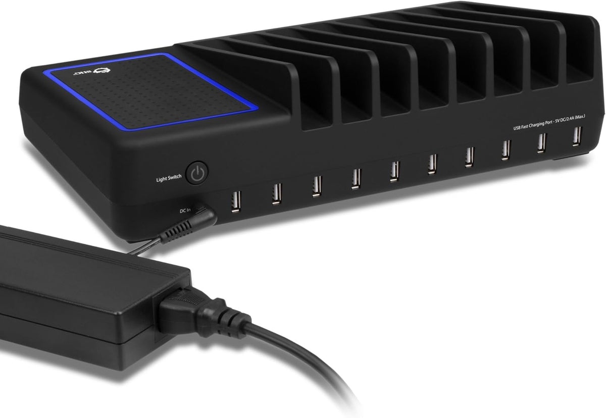 90W 10-Port USB Charging Station with Non-Slip Padded Deck and LED Ambient Light, Black, Pack of 2 L581