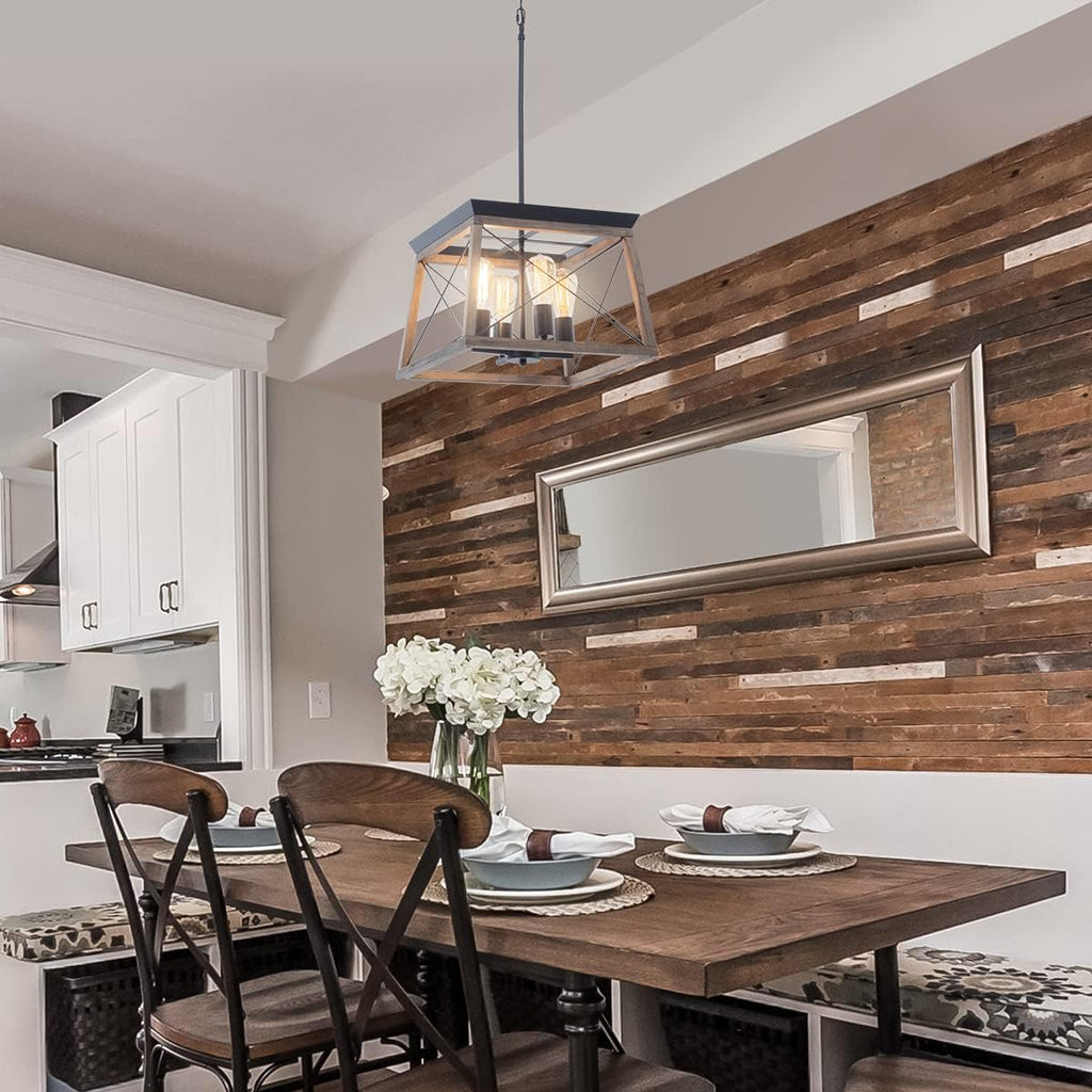 Wood Farmhouse Chandelier with Metal Cage 4 Lights Pendant Light V363005