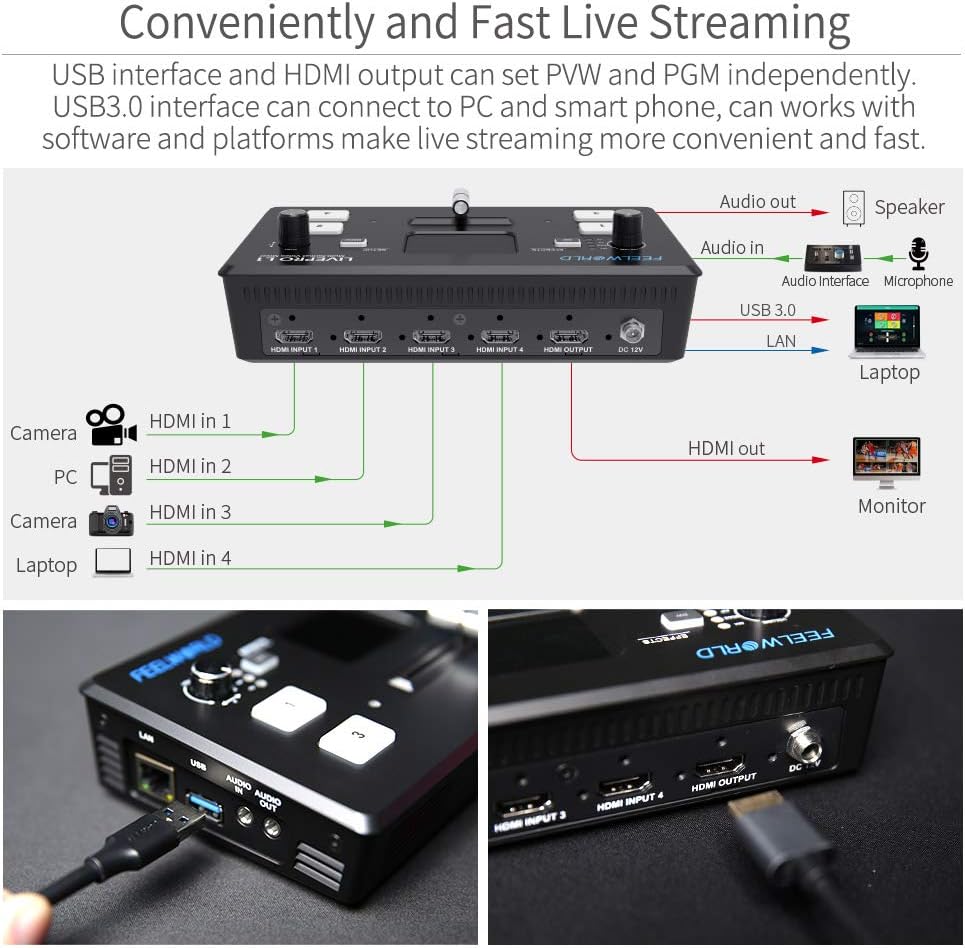 Multi Camera Video Mixer Switcher 2 Inch LCD Display 4 x HDMI Inputs USB 3.0 Output T268857