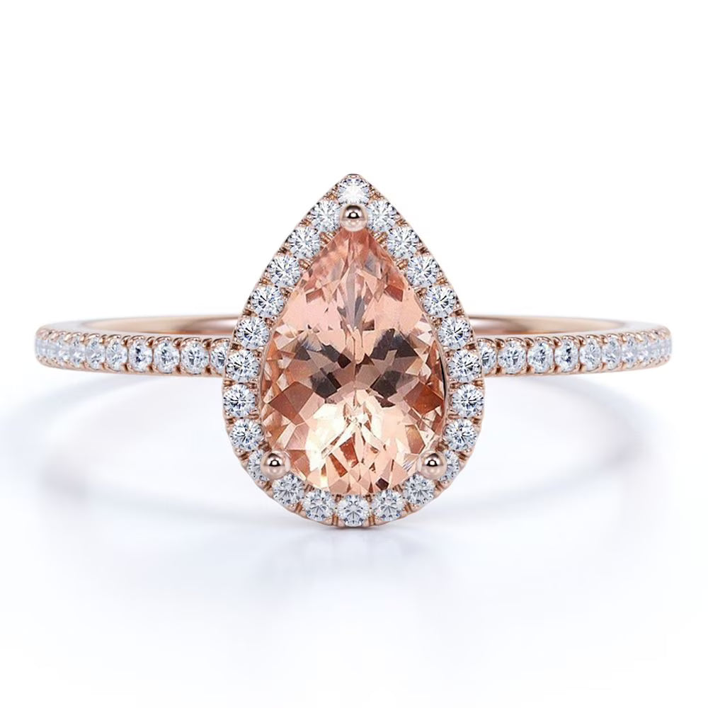 1 Carat Pear Cut Morganite Moissanite Halo Engagement Ring in Rose Gold Q26574