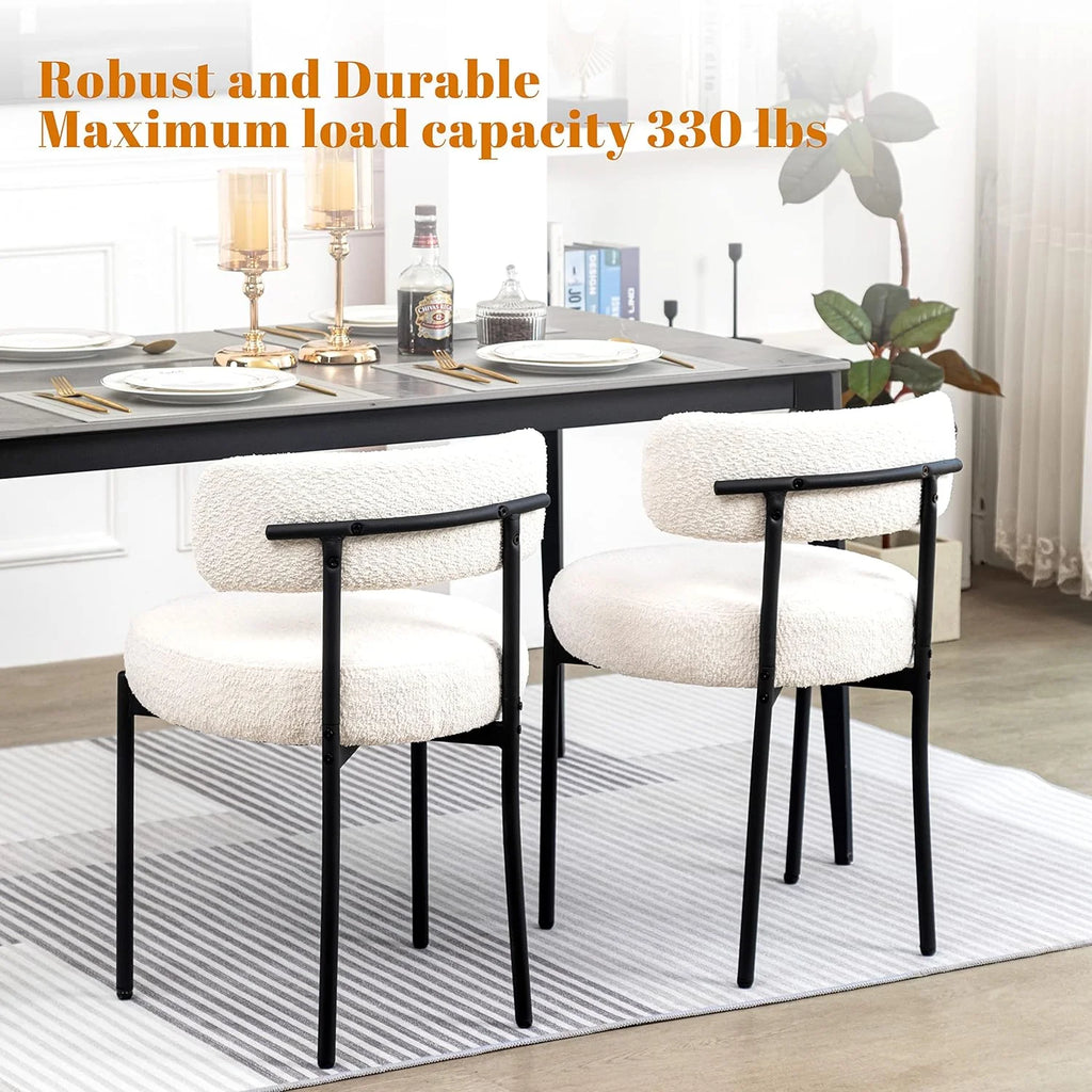 White Boucle Dining Chairs Set of 2 with Black Metal Legs H568