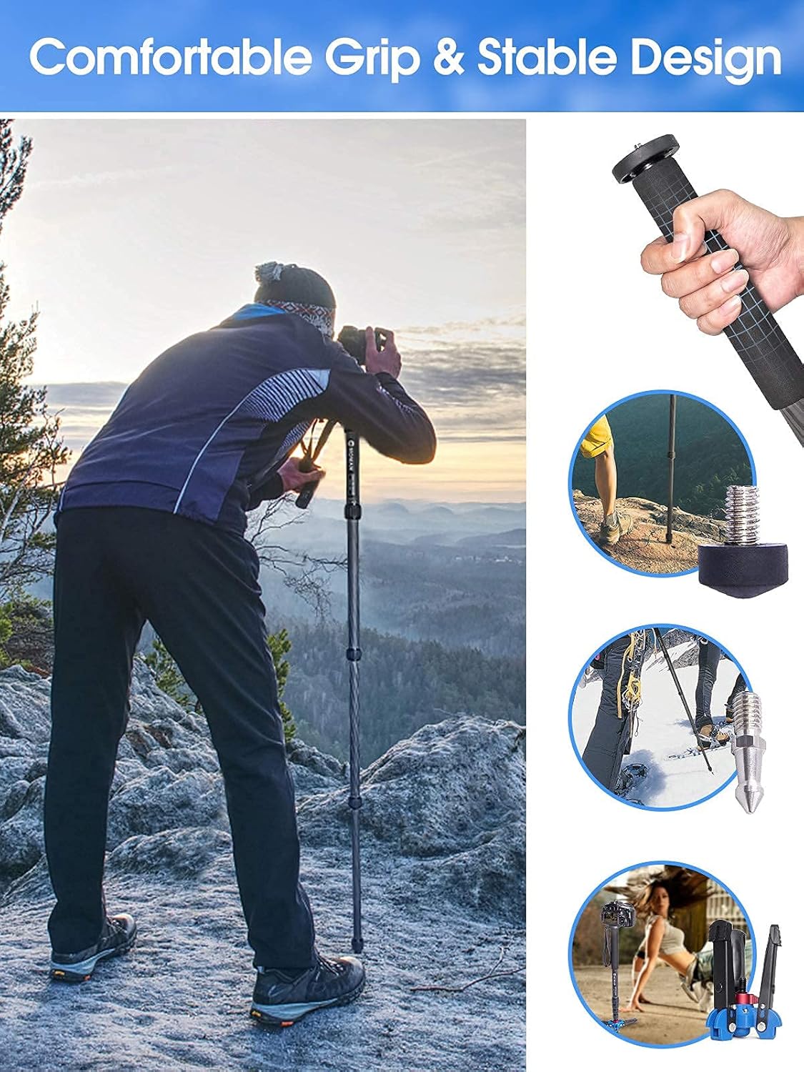 Carbon Fiber Camera Monopod with Removable Base, 5-Section Leg 65” Max. Height N773628