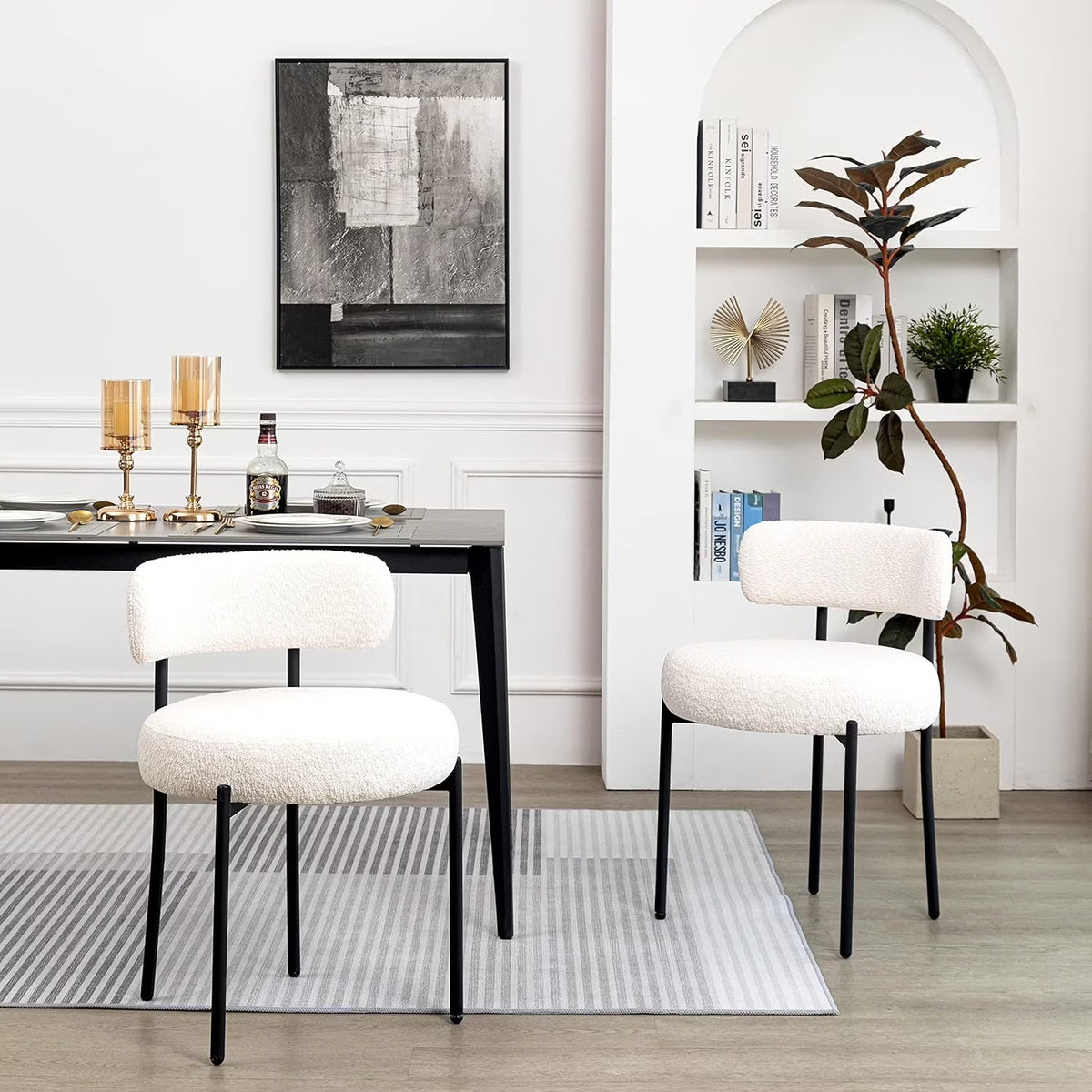 White Boucle Dining Chairs Set of 2 with Black Metal Legs H568