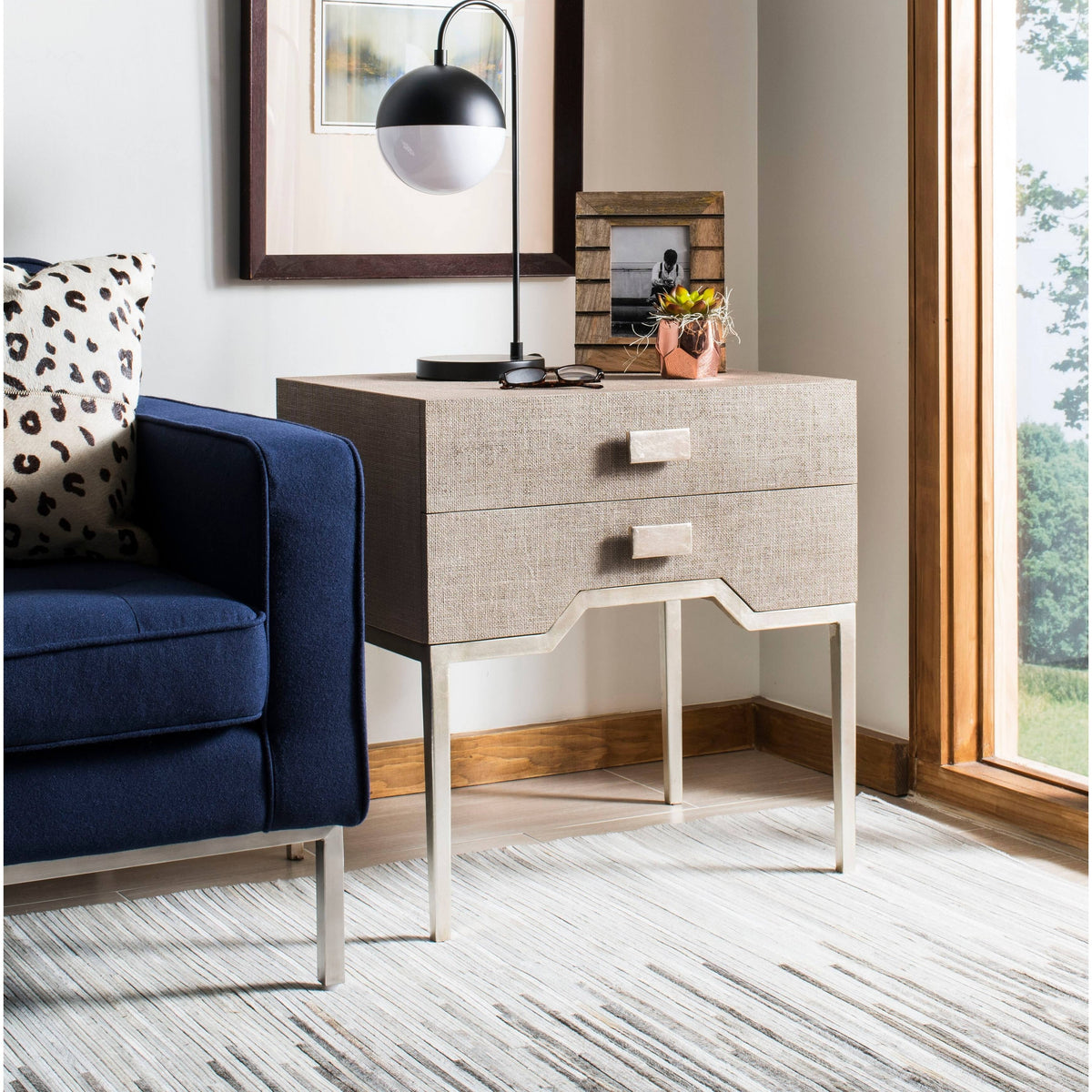 Beige/Silver 2 Drawer Faux Raffia Nightstand H740