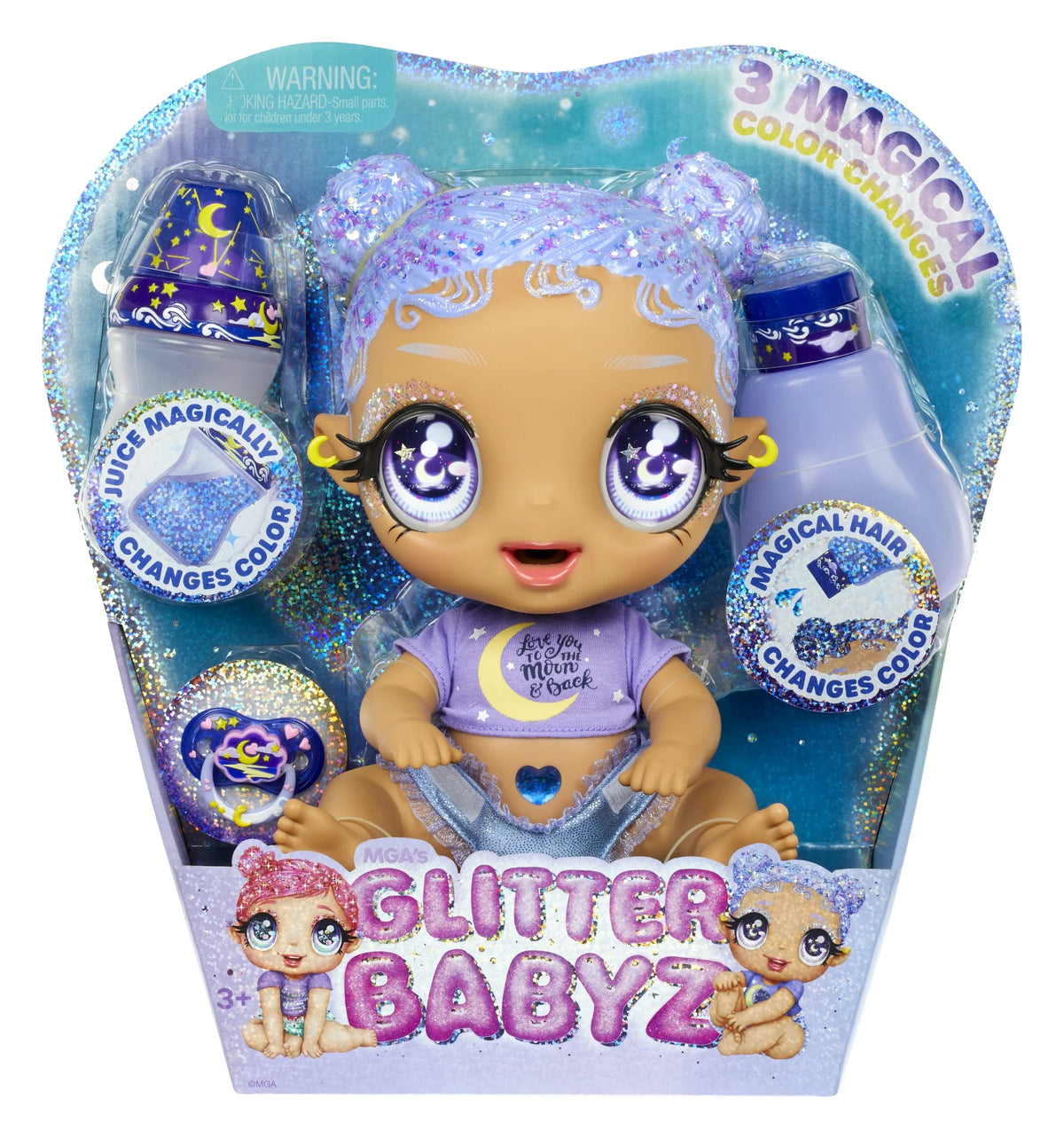 Pastel Purple Glitter Hair Baby Doll with Diaper, Bottle, Pacifier Accessories X195369