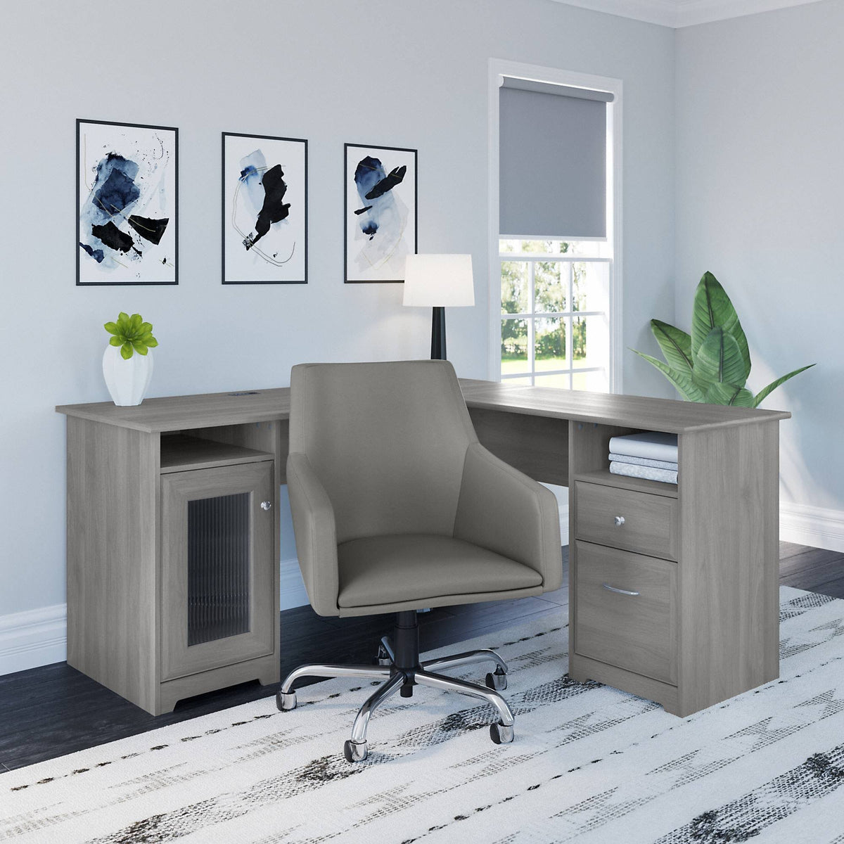 60W L Shaped Computer Desk with Mid Back Leather Box Chair in Modern Gray R96877
