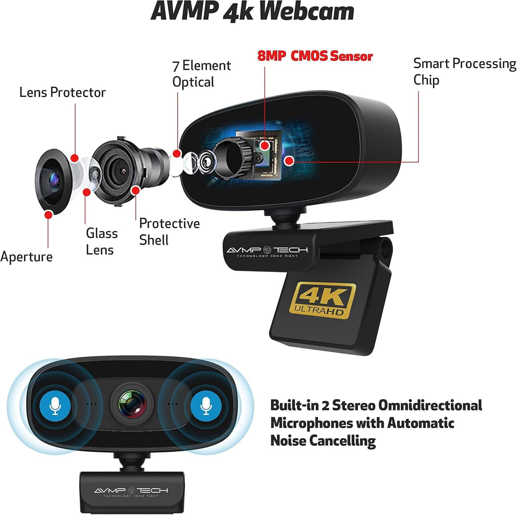 4K Webcam with Light Ultra HD 8MP Autofocus USB Web Cam with Microphone for Desktop Computer PC Streaming Camera + Tripod + USBC + Privacy Cover Pack of 2 N922