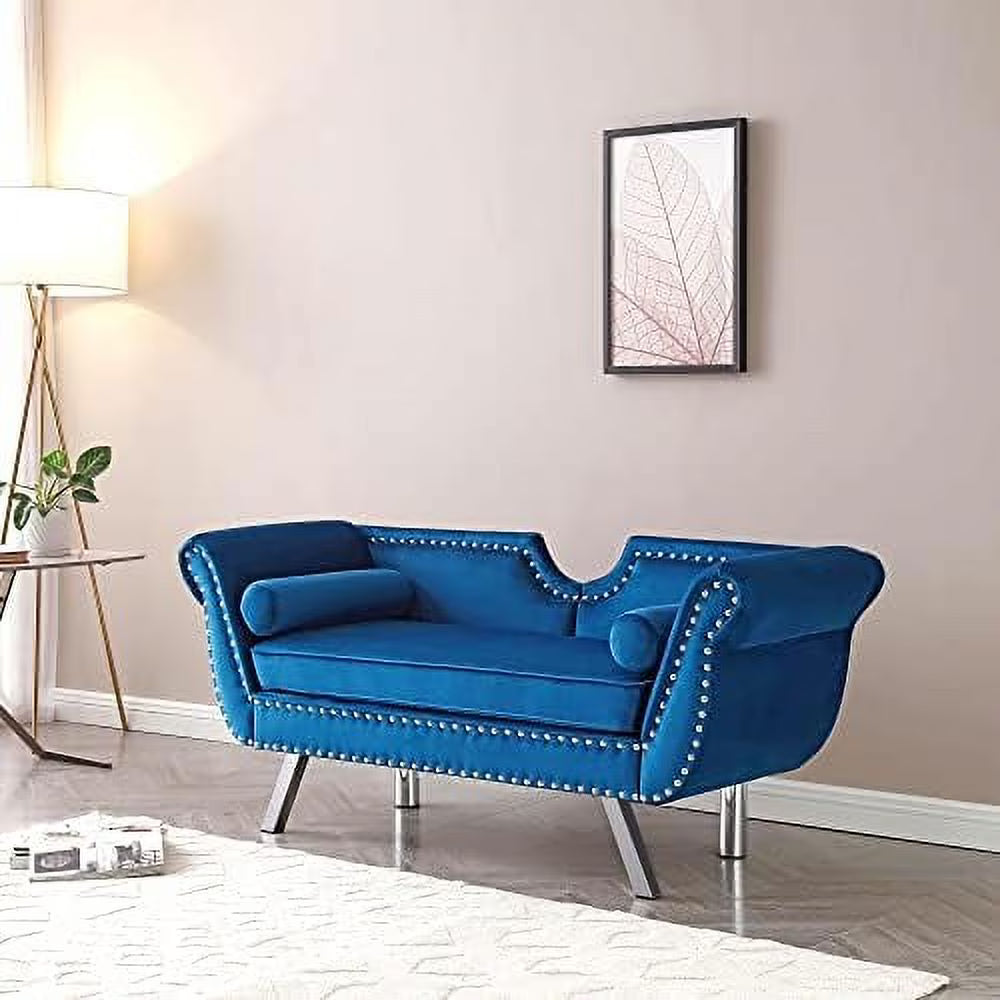 Velvet Loveseat with 2 Pillows, Nailhead Trim, Metal Legs, Removable Cushions U23616