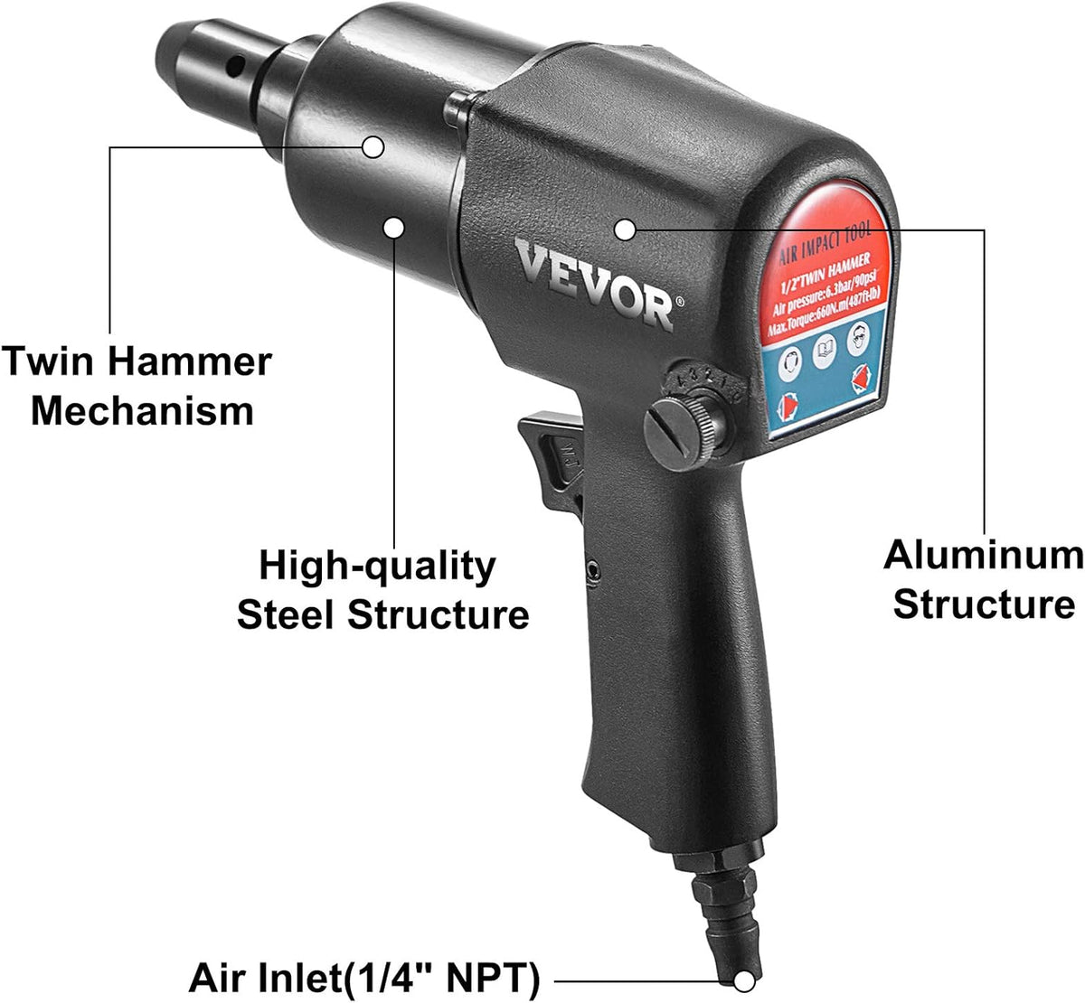 1/2" 660Nm 5-Speed Pneumatic Impact Wrench Pack of 2 F583207