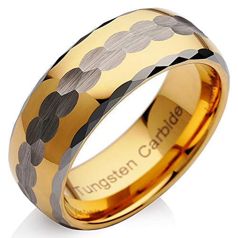 Tungsten Two Tone Gold Silver Hammer Finish Facet Cut Wedding Band Size 13 L12331