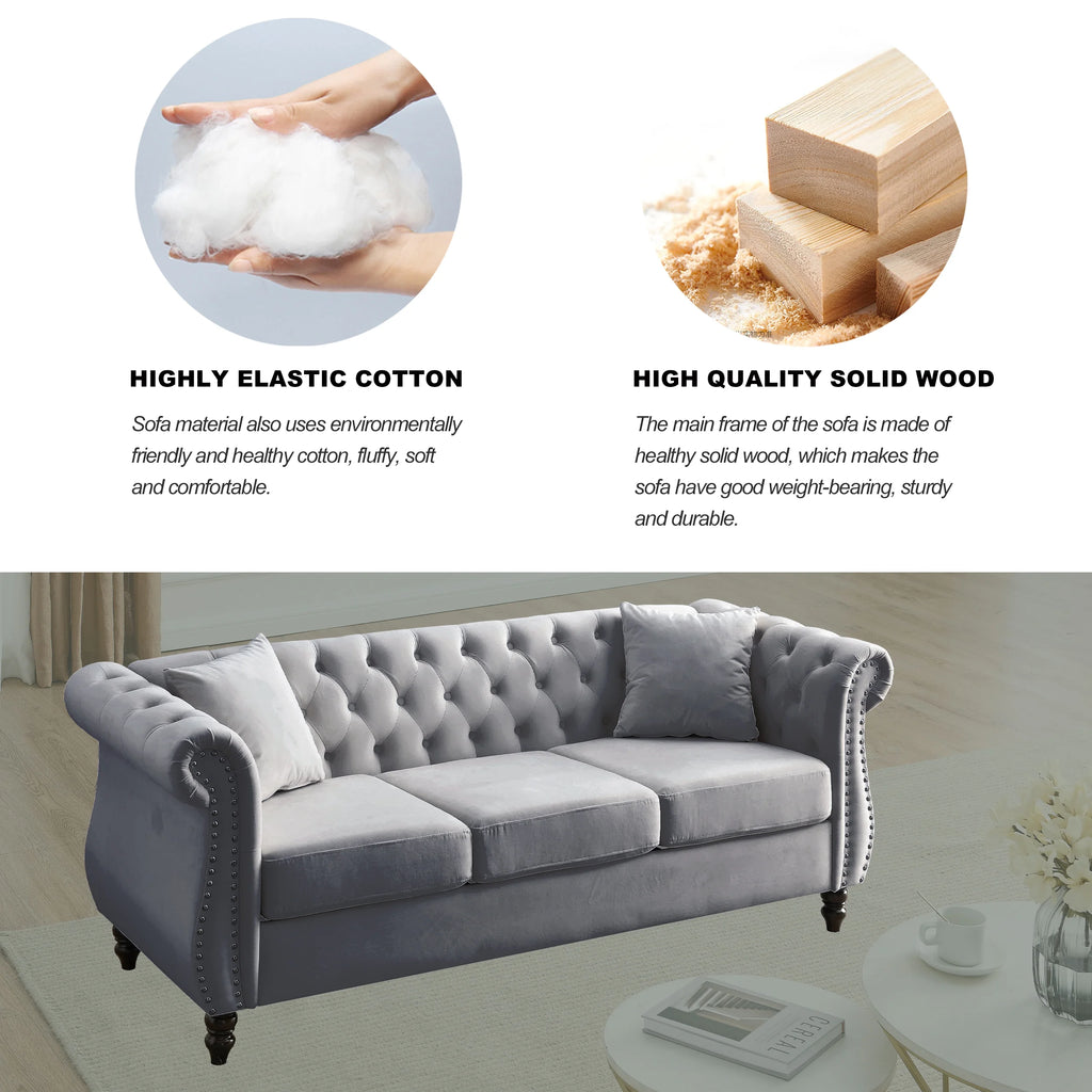 80" Chesterfield Sofa Grey Velvet 3 Seater Tufted Couch with Rolled Arms and Nailhead J15830