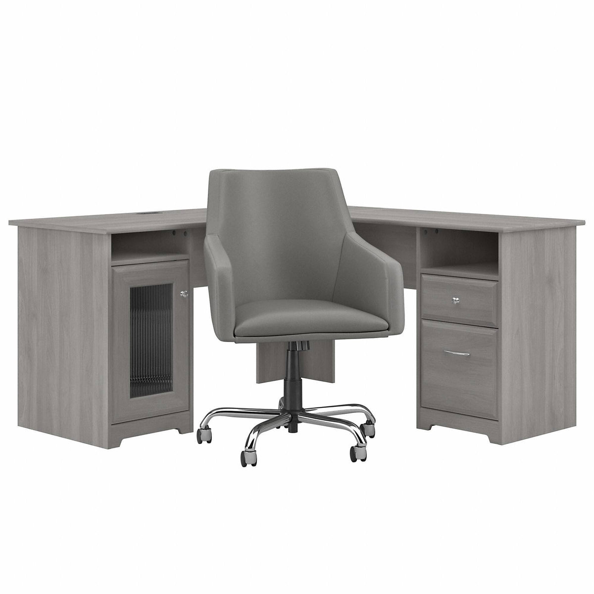 60W L Shaped Computer Desk with Mid Back Leather Box Chair in Modern Gray R96877