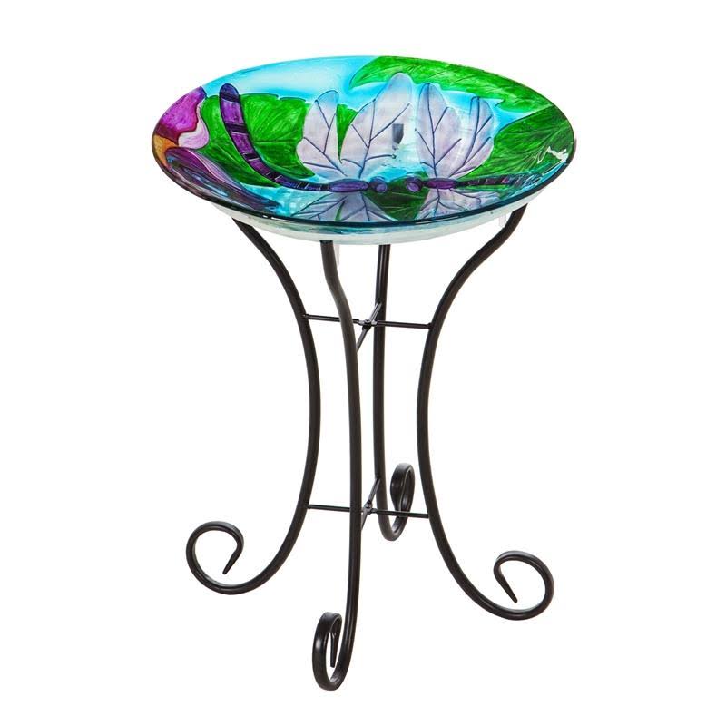Solar Hand Painted Glass Bird Bath with Stand N627576