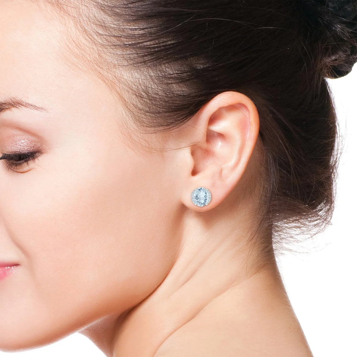 14K White Gold Aquamarine Diamond Solitaire Stud Earrings K594375