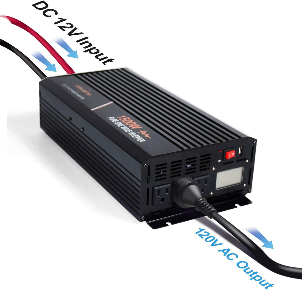 1500 Watt Pure Sine Wave Power Inverter 12V DC to AC 110V 120V with LCD Display Remote Switch F8975