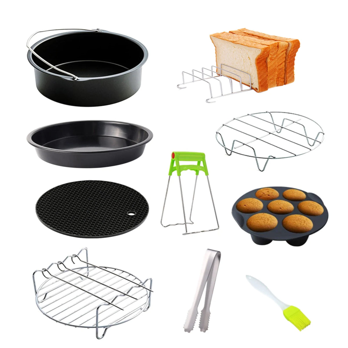 10Pcs Air Fryer Accessory Kit Frying Baking Pan Rack Pizza Tray Metal Holder Bread Bracket Cupcake Mould Set H63513