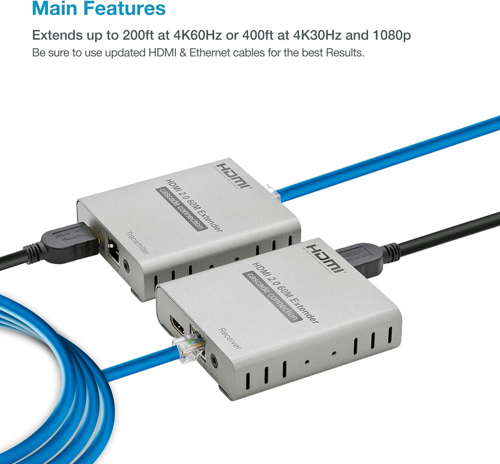 4K@60HZ HDMI 2.0 Extender Over Cat5e / Cat6 / Cat7 Ethernet Cable Up to 200ft R525