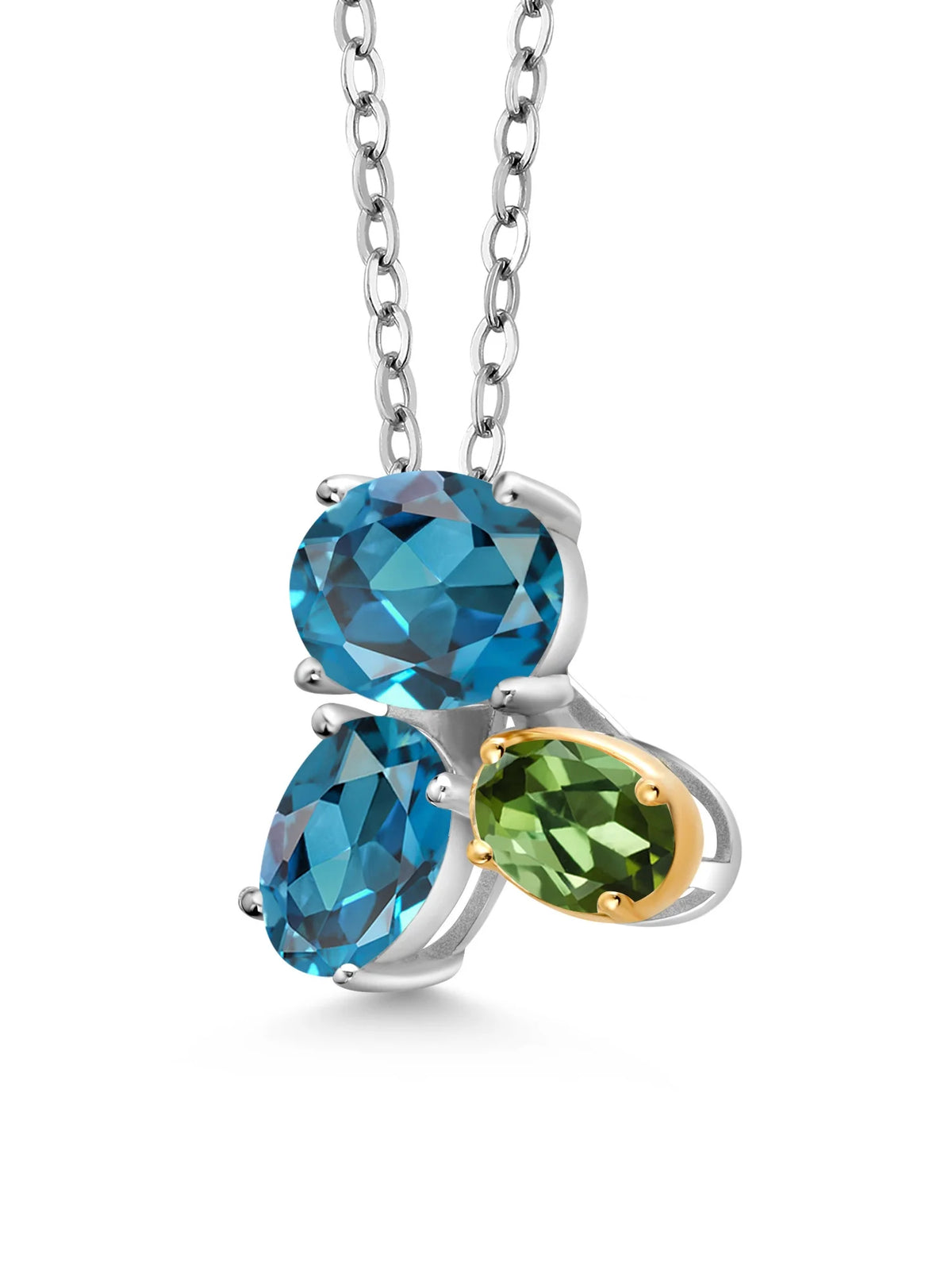925 Silver 10K Yellow Gold London Blue Topaz Green Tourmaline Pendant Necklace with 18 inch Chain O6198