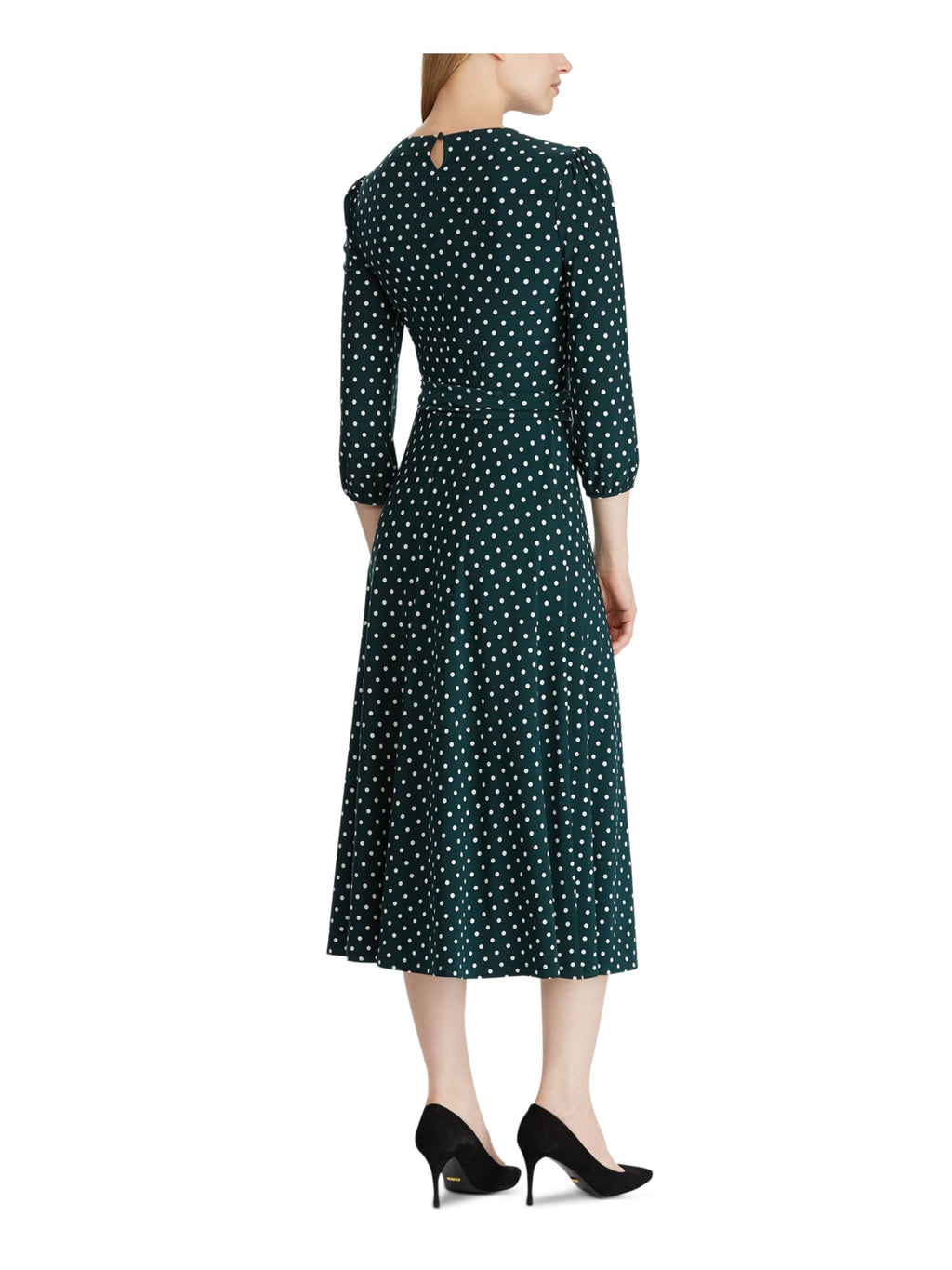 Green Long Sleeve Knee Length Faux Wrap Dress X265