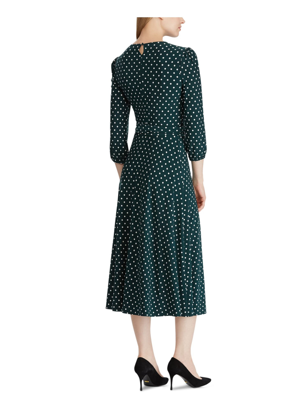 Green Long Sleeve Knee Length Faux Wrap Dress X265