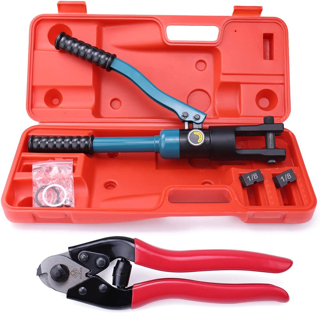 Hydraulic Hand Crimper Tool for 1/8" Stainless Steel Cable Railing Hardware Wire Rope Swaging Kit with 1Pair 1/8" Dies and 1 Set Fixing Hoop X1578