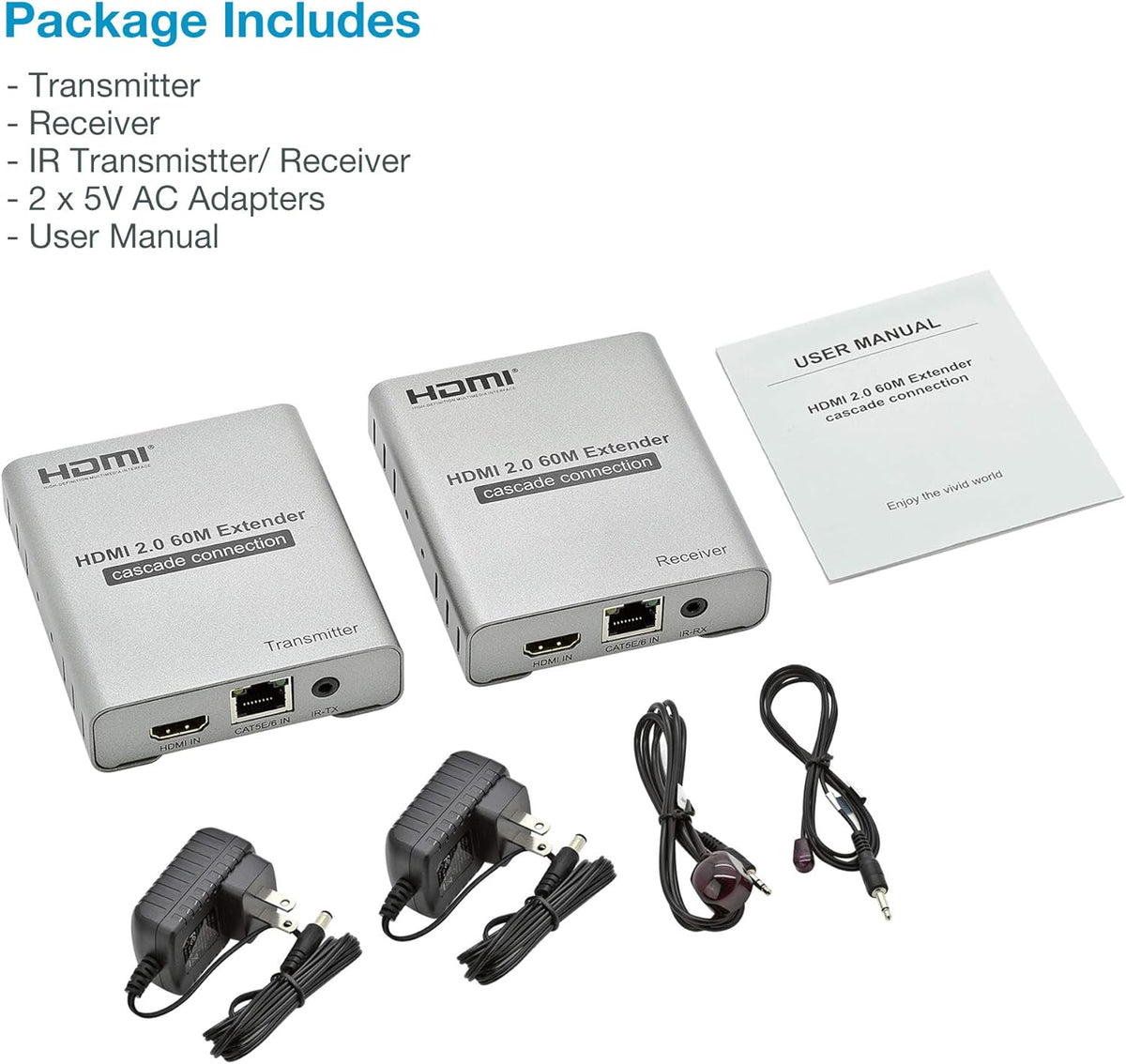 4K@60HZ HDMI 2.0 Extender Over Cat5e / Cat6 / Cat7 Ethernet Cable Up to 200ft R525