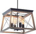 Wood Farmhouse Chandelier with Metal Cage 4 Lights Pendant Light V363005
