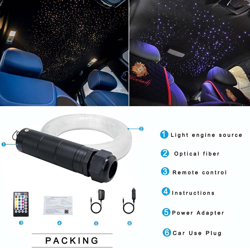 Car Use Bluetooth 6W RGB LED Fiber Optic Star Ceiling Light Kit APP Remote Controller 150pcs 0.03in 6.5ft Optic Cable Music Mode Sensory Lighting V380