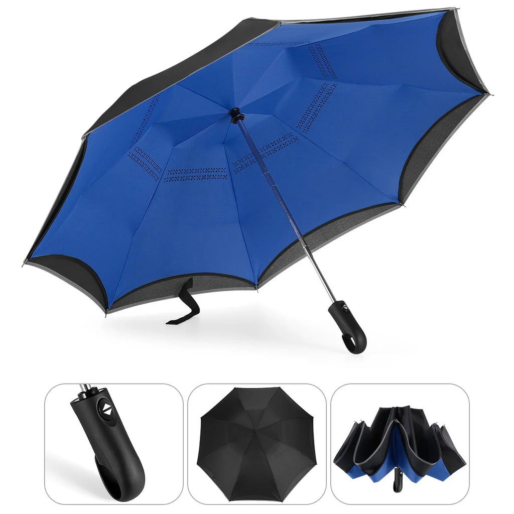Blue 45" Reverse Folding Umbrella with Reflective Strip K628715