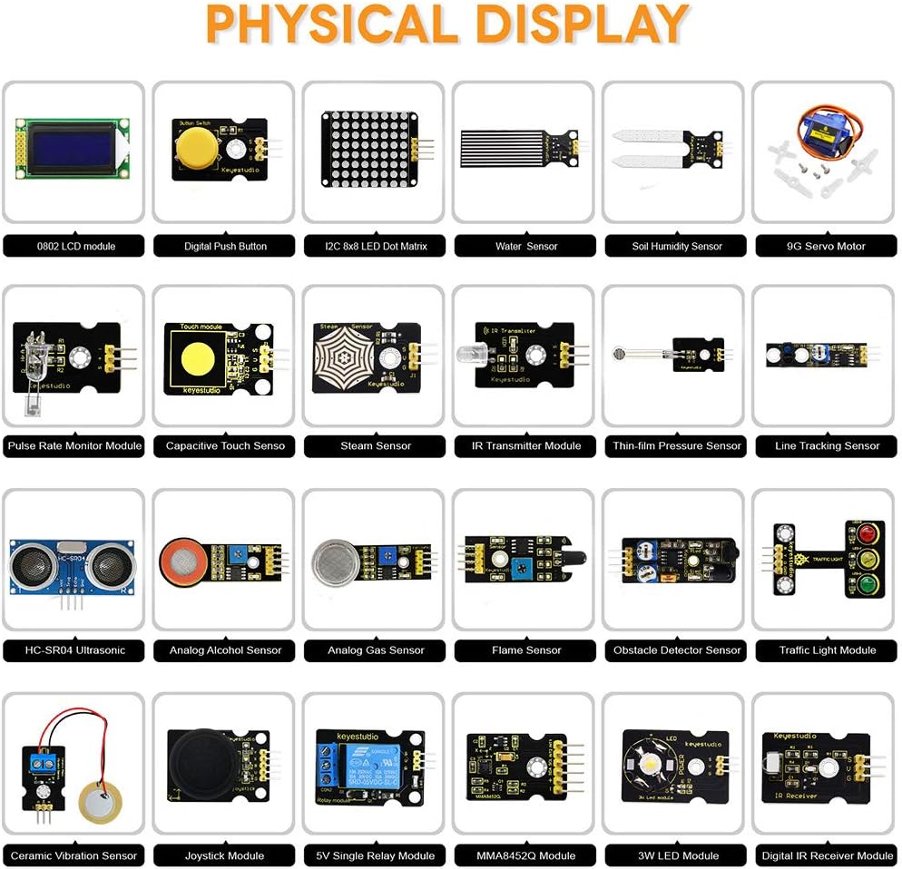 48 Sensors Modules Starter Kit with LCD, 5v Relay, IR Receiver, LED Modules, Servo Motor, PIR, Pressure Sensor, Gas Sensor P588258