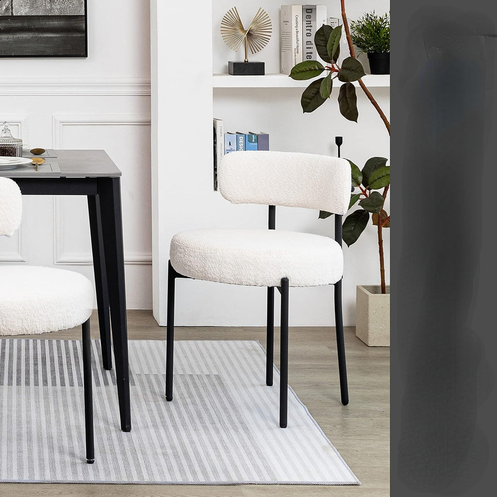 White Boucle Dining Chairs Set of 2 with Black Metal Legs H568