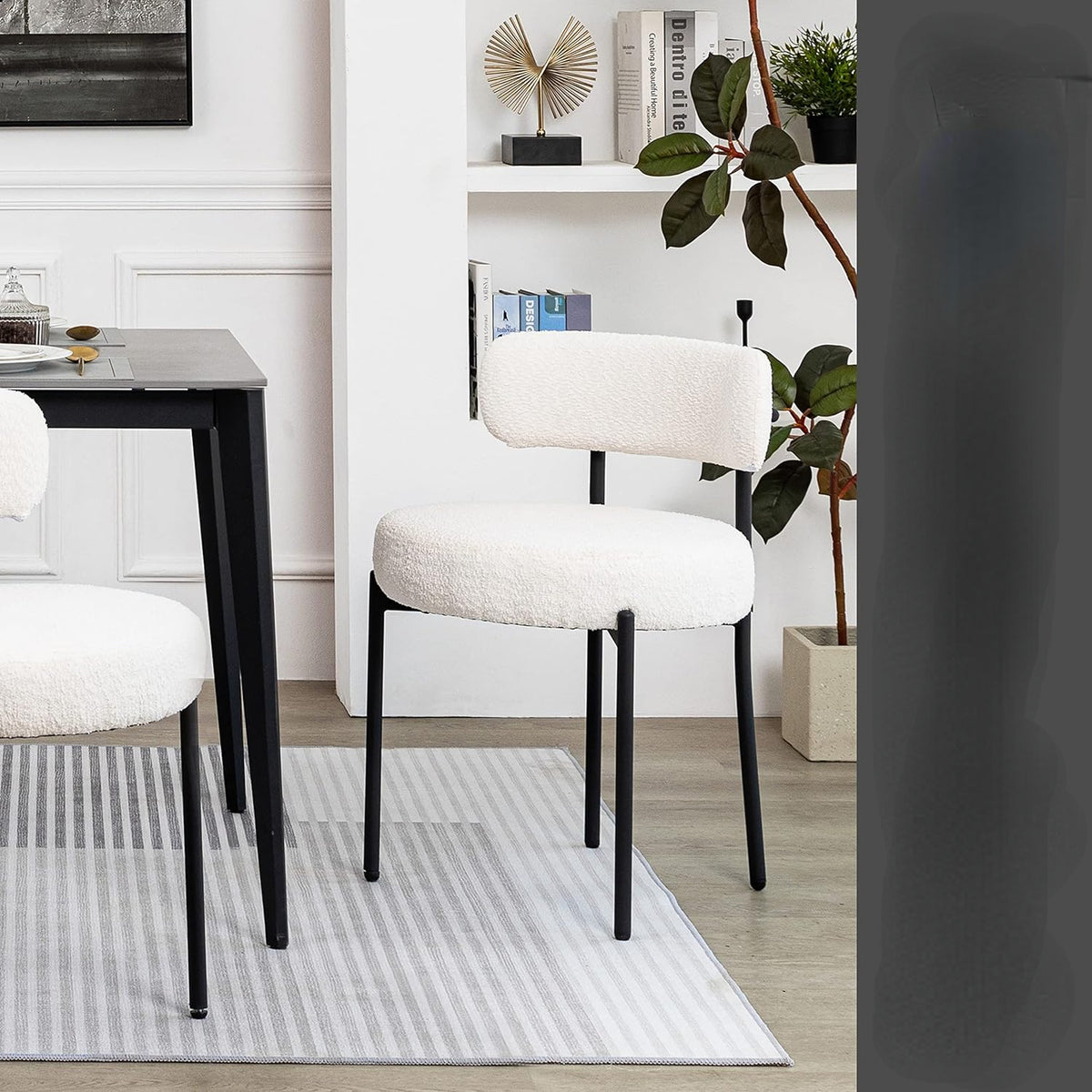 White Boucle Dining Chairs Set of 2 with Black Metal Legs H568