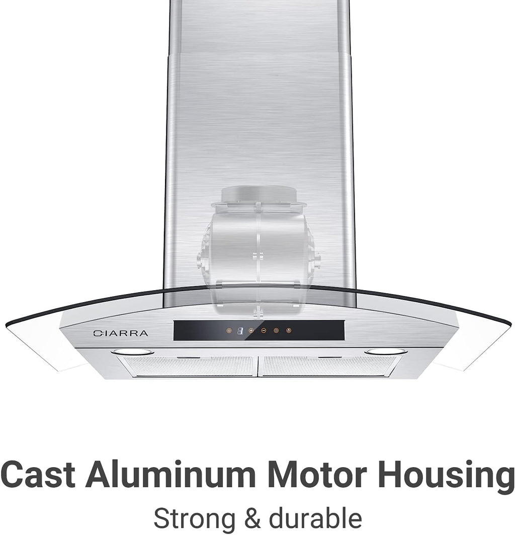 Wall Mount Range Hood 30 inch Stainless Steel Tempered Glass 3 Speed Fan Ductless Convertible F8157