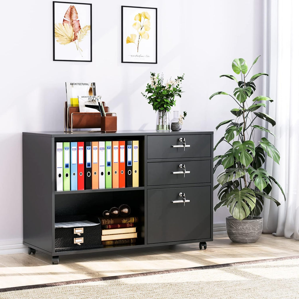 Black Wood Lateral File Cabinet with 3 Drawers and Lock W2615