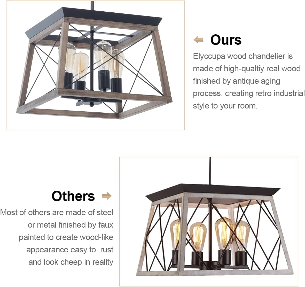 Wood Farmhouse Chandelier with Metal Cage 4 Lights Pendant Light V363005